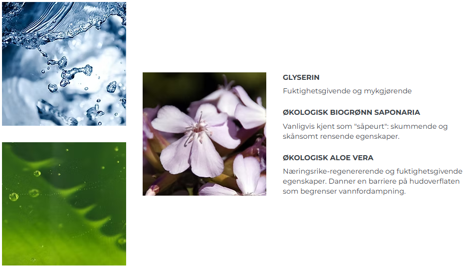 Glyserin, økologisk biogrønn saponaria og økologisk aloe vera