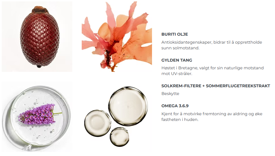 Buriti olje, Gylden tang, Solkremfiltre, sommerfugelekstrakt, omega 3.6.9