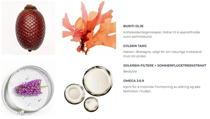 Buriti olje, Gylden tang, Solkremfiltre, sommerfugelekstrakt, omega 3.6.9