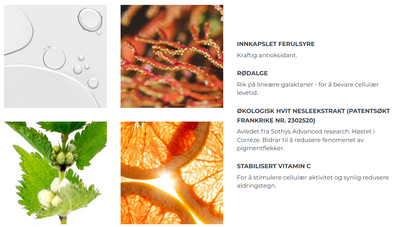 Ferulsyre, rødalge, hvit nesleekstrakt, vitamin c