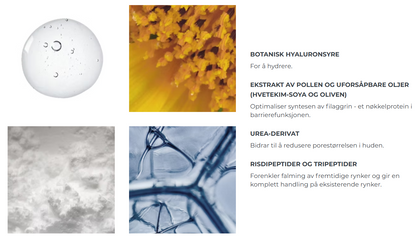 Hyaluronsyre, Pollenekstrakt, oljer. Urea-derivat, risdipeptider og tripeptider