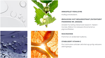 Innkapslet ferulsyre, økologisk hvit nesleekstrakt, niacinamide og vitamin C