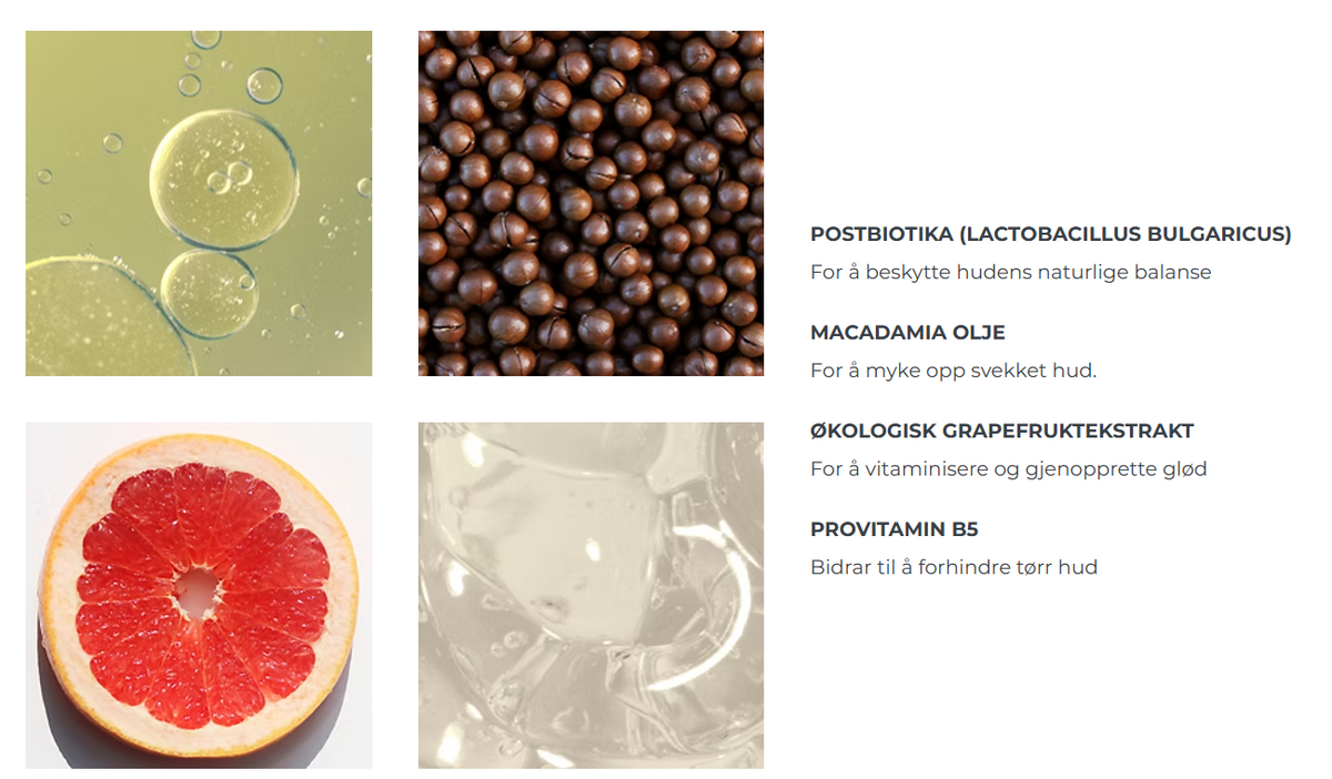 Postbiotika, macademiaolje, grapefruktekstrakt, provitamin B5