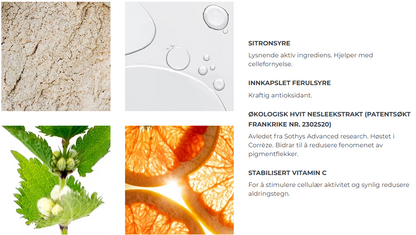 Sitronsyre, Innkapslet ferulsyre, økologisk hvit nesleekstrakt og vitamin C